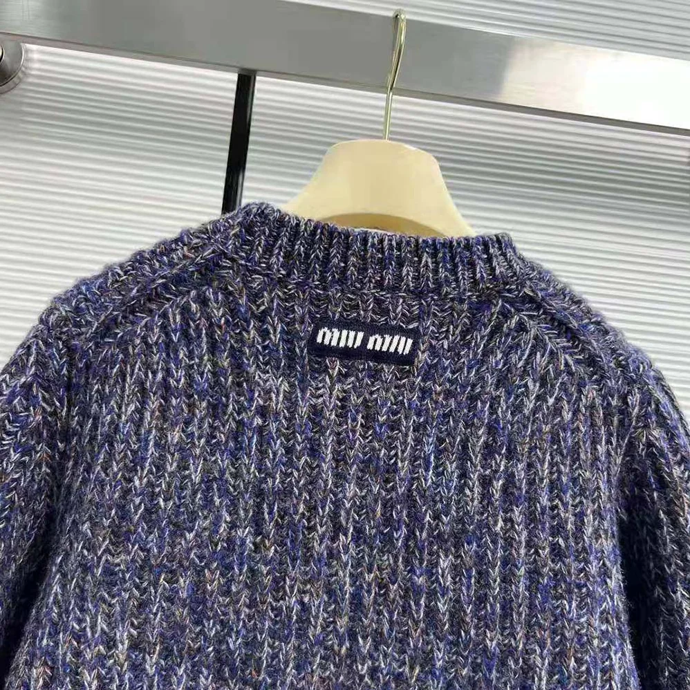 Miu Miu Wool Sweater with Knit Logo Patch for Women in Blue