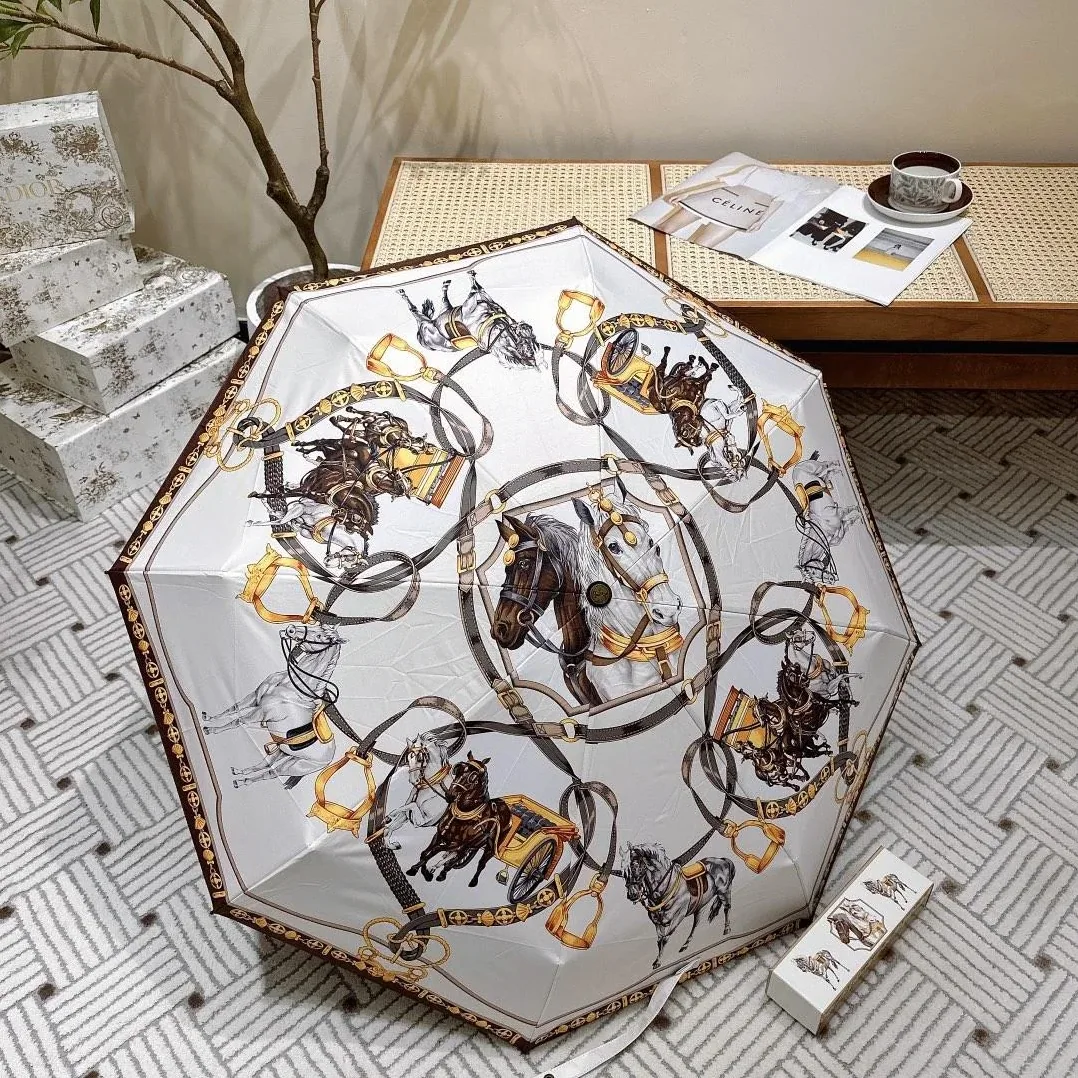 Hermes Long Umbrella With Horse Motif White Hermes Long Umbrella With Horse Motif White