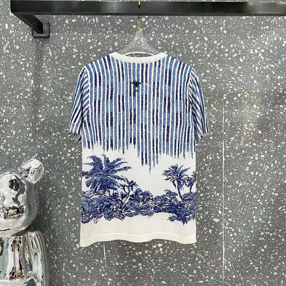 Dior T-shirt Navy Blue and White Cotton Jersey and Linen for Women