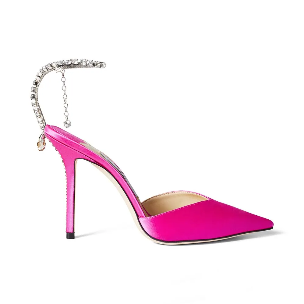Jimmy Choo Saeda 100 Fuchsia Satin Pumps with Crystal Embellishment for Women Jimmy Choo Saeda 100 Fuchsia Satin Pumps with Crystal Embellishment for Women