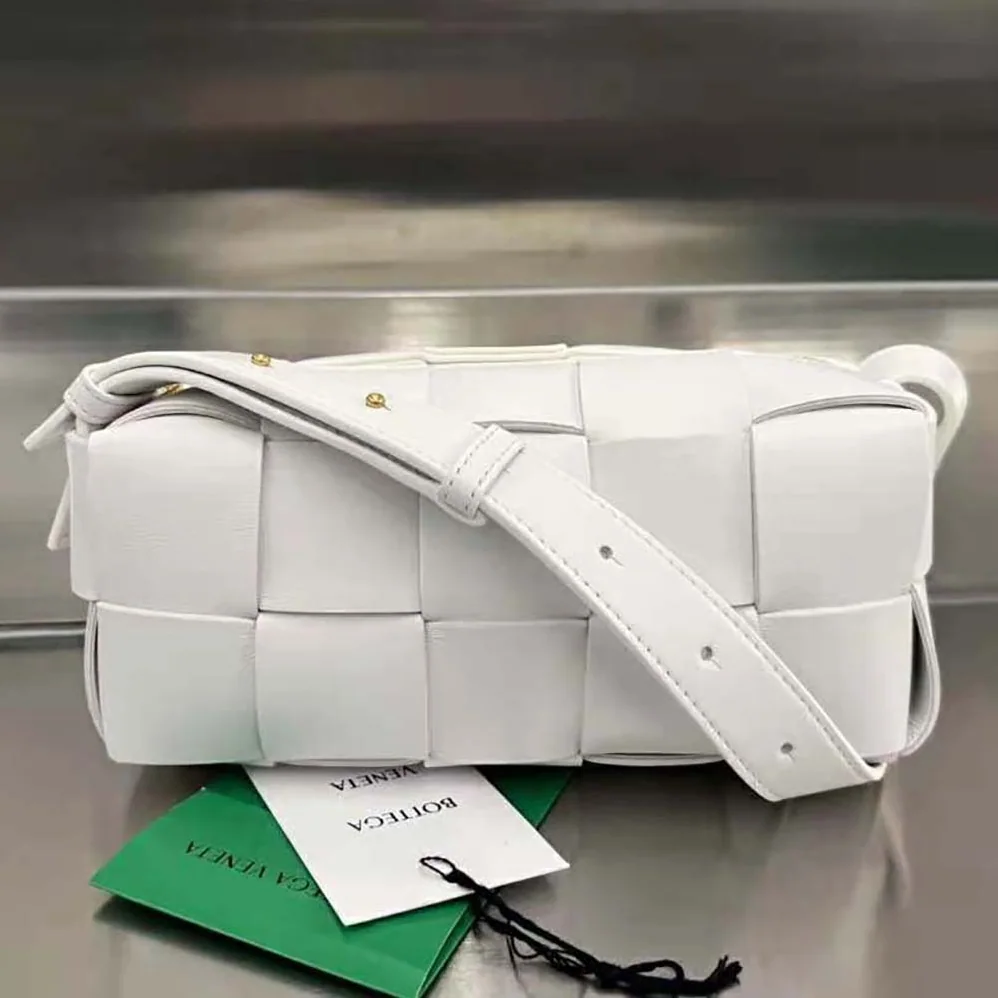 Bottega Veneta Small Brick Cassette Intreccio Leather Shoulder Bag for Women in White