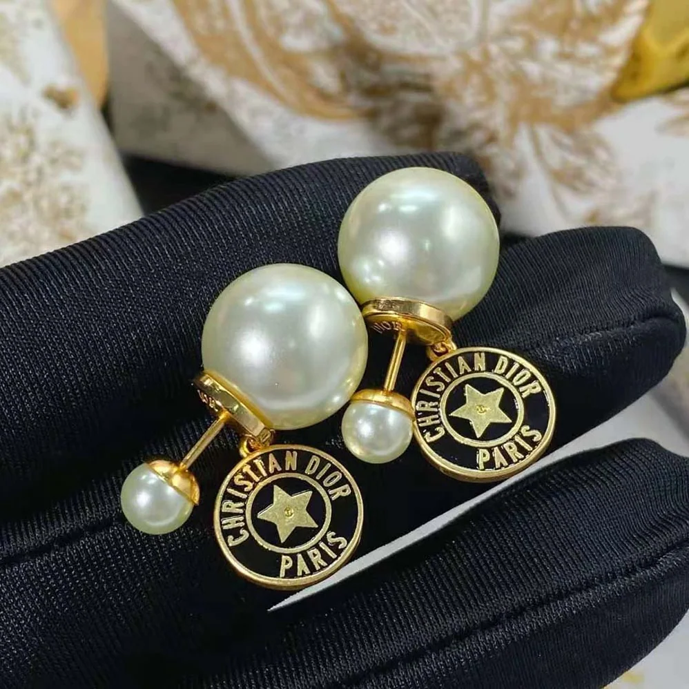 Dior Tribales Earrings Gold-Finish Metal with White Resin Pearls and Navy Blue Lacquer for Women Dior Tribales Earrings Gold-Finish Metal with White Resin Pearls and Navy Blue Lacquer for Women