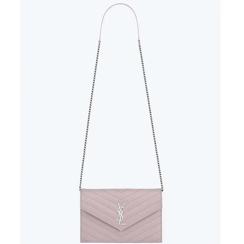 Saint Laurent YSL Medium Monogram Envelope Chain Wallet Silver Hardware in Pink Saint Laurent YSL Medium Monogram Envelope Chain Wallet Silver Hardware in Pink