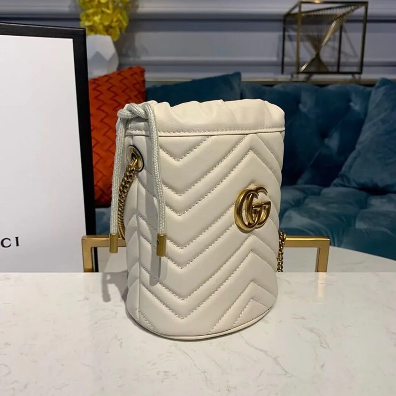 Gucci GG Marmont Mini Bucket Bag White Matelassé Chevron /