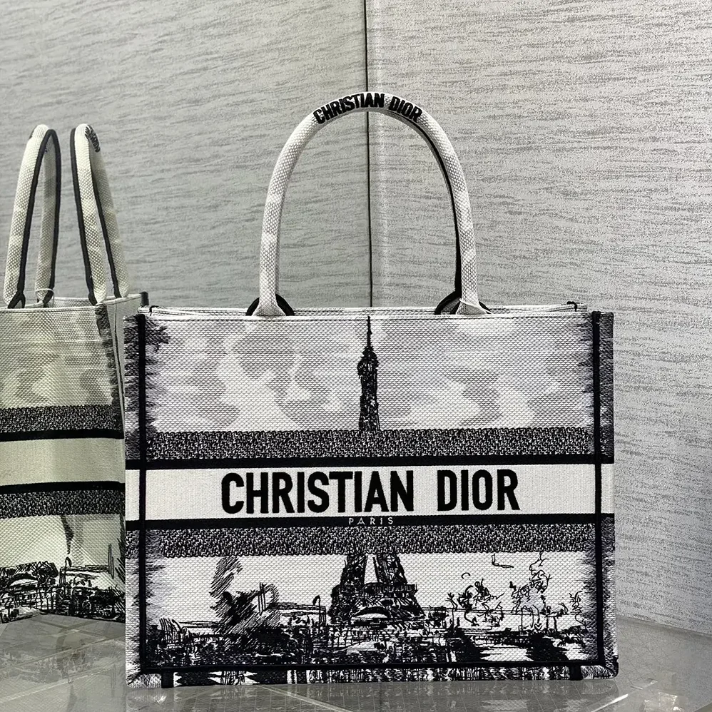Dior Medium Dior Book Tote White and Black Paris Embroidery for Women