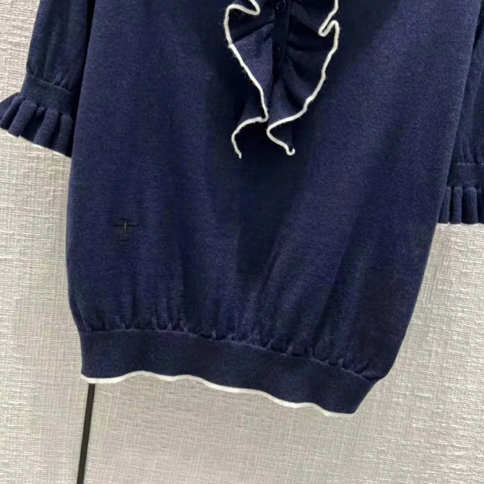 Dior Short-Sleeved Sweater Navy Blue Cashmere and Silk Knit for Women Dior Short-Sleeved Sweater Navy Blue Cashmere and Silk Knit for Women