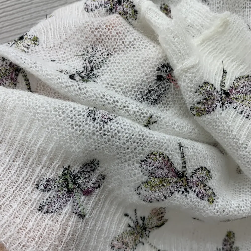 Dior Twinset White Mohair and Alpaca Blend Knit with Multicolor Dragonfly Motif for Women