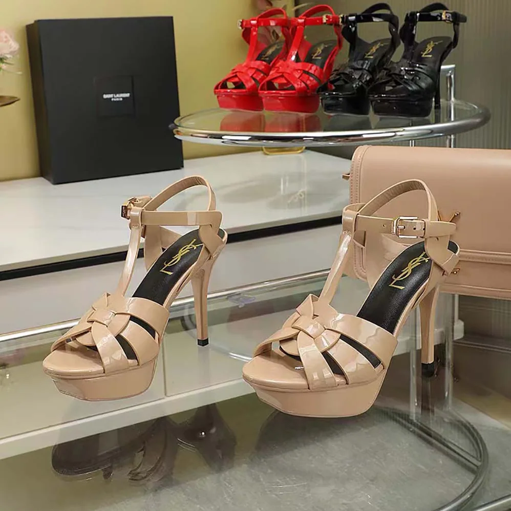 Saint Laurent YSL Tribute Platform Sandals in Smooth Leather for Women in Beige