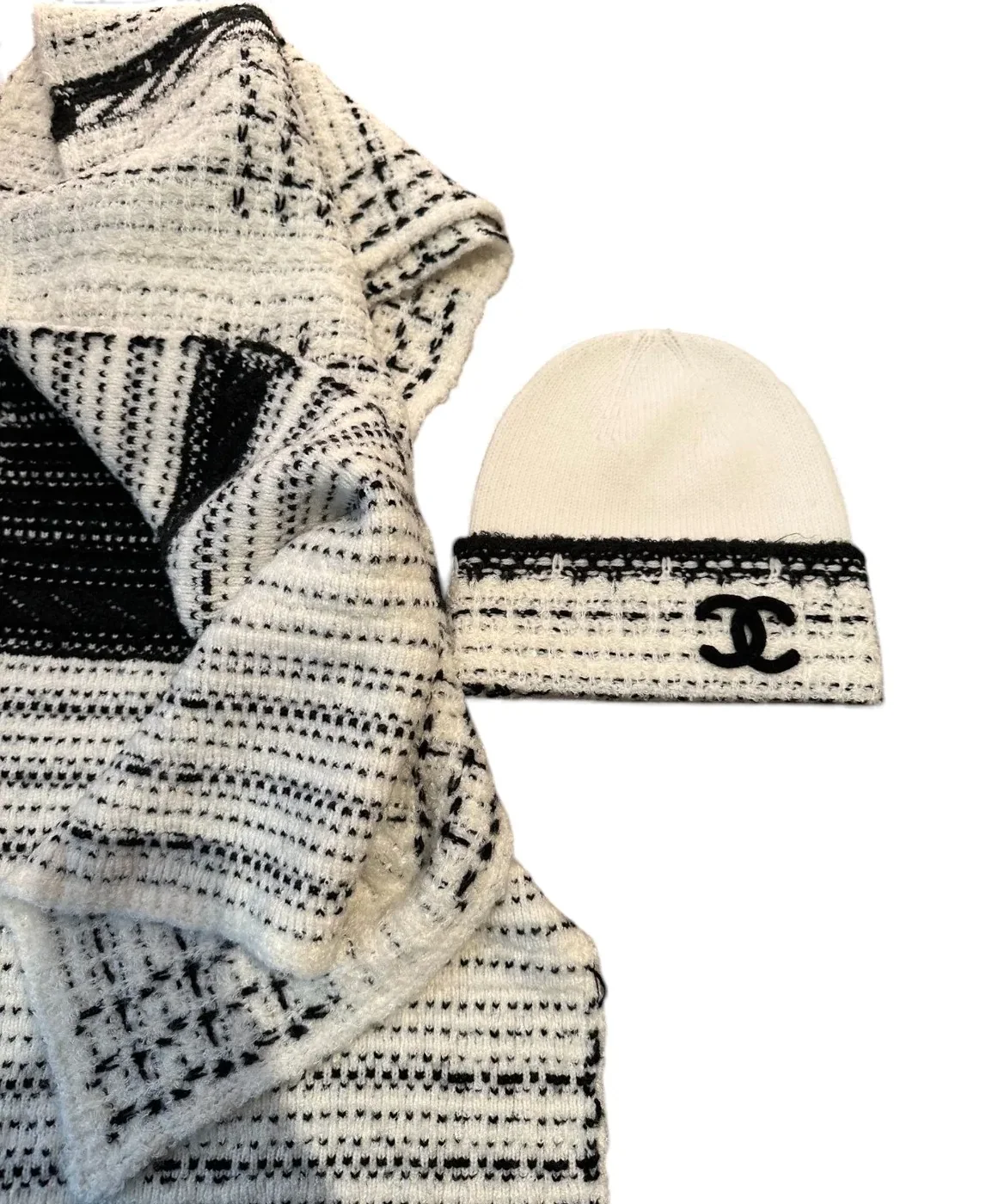 Chanel Scarf And Beanie Set In Black in White Chanel Scarf And Beanie Set In Black in White