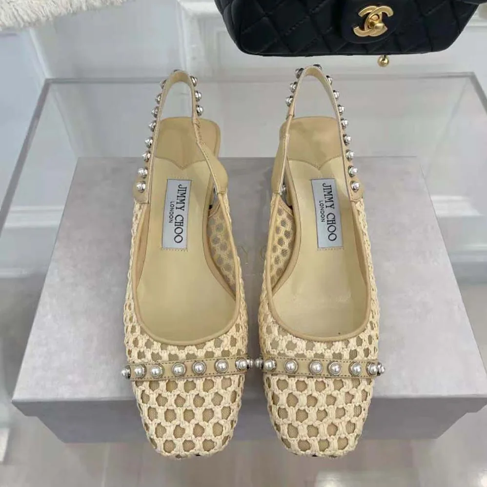 Jimmy Choo Hya 45 Barley Woven Raffia Slingbacks with Pearl Studs for Women