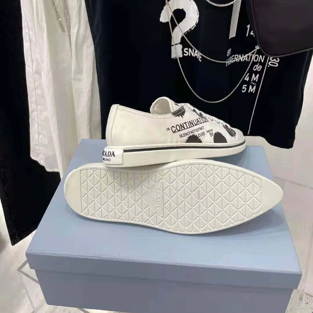 Prada Printed Cotton Gabardine Sneakers for Women in White Prada Printed Cotton Gabardine Sneakers for Women in White