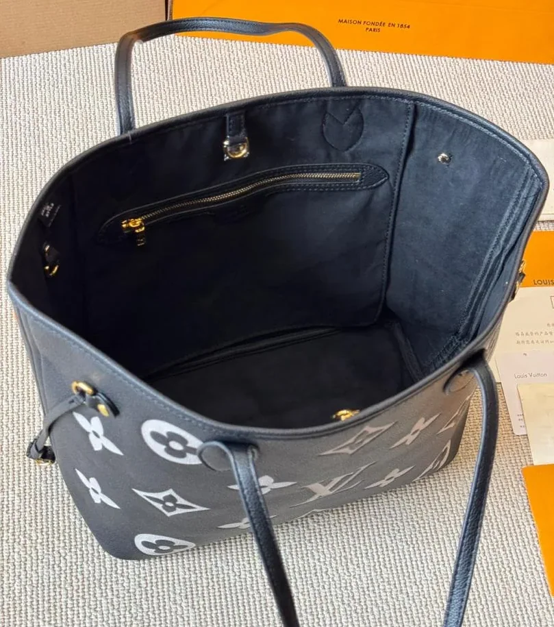 Louis Vuitton Neverfull MM Tote Bag Monogram Empreinte Black in Beige /