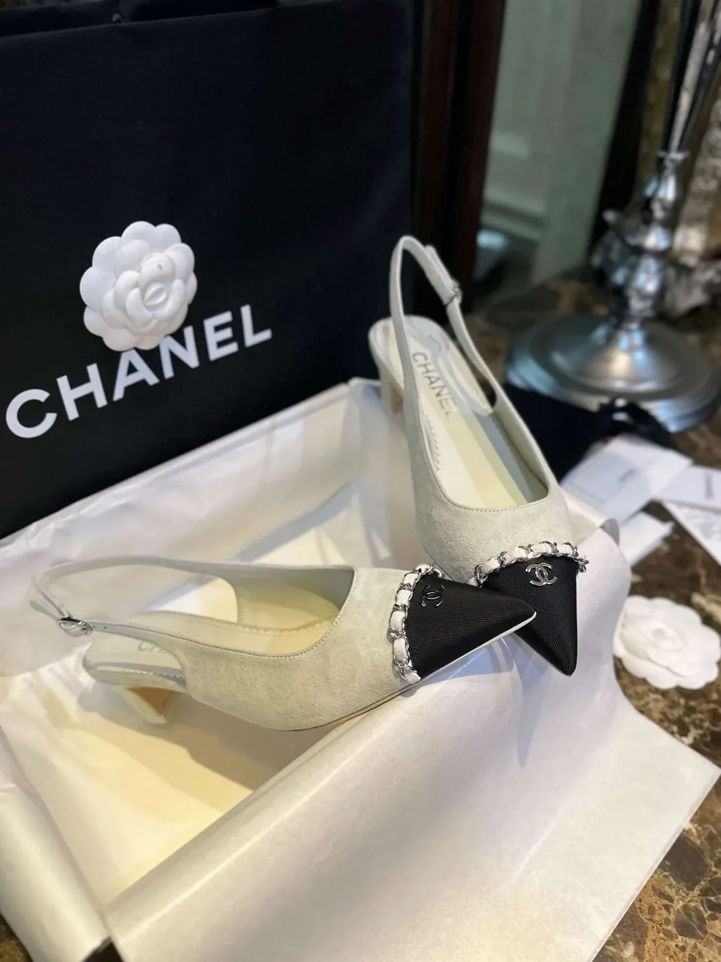 Chanel Patent Slingback Pumps Light Grey Chanel Patent Slingback Pumps Light Grey