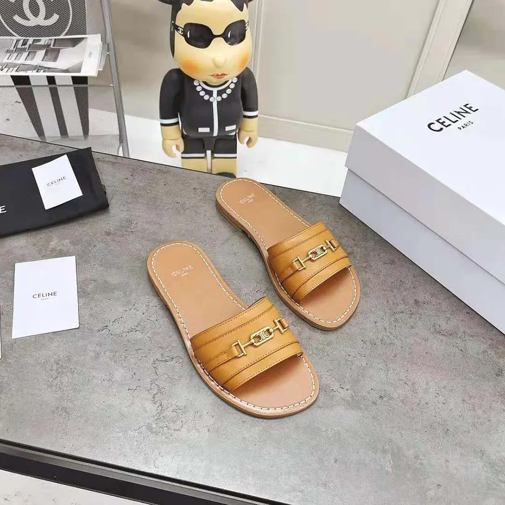 Celine Lerins Triomphe Slide in Vegetal Calfskin for Women in Brown