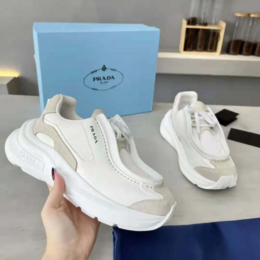 Prada Brushed Leather Sneakers with Bike Fabric and Suede Elements for Men in White Prada Brushed Leather Sneakers with Bike Fabric and Suede Elements for Men in White