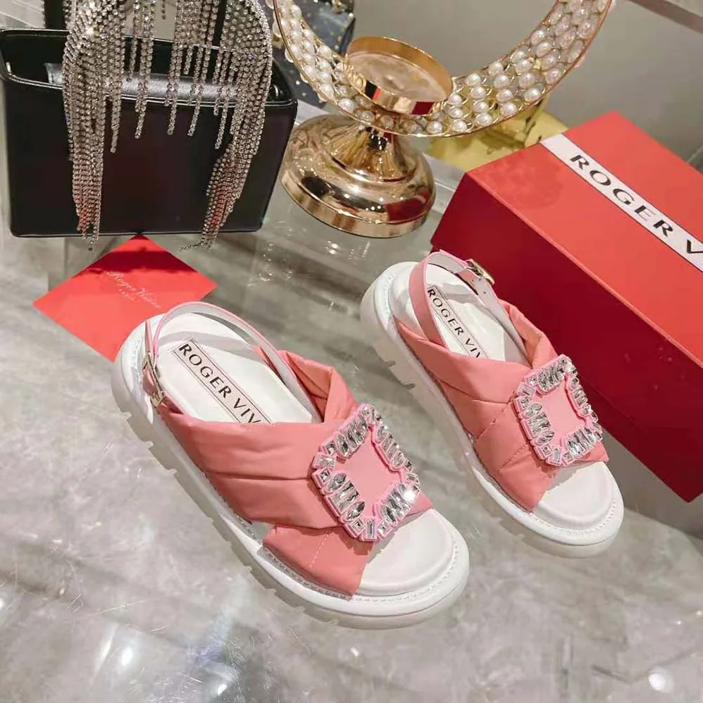 Roger Vivier Viv Winter Puffy Strass Buckle Sandals in Satin for Women in Pink