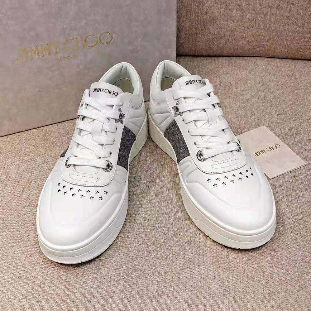 Jimmy Choo Hawaii/f White Calf Leather Lace-Up Trainers with Glitter Stripe for Women Jimmy Choo Hawaii/f White Calf Leather Lace-Up Trainers with Glitter Stripe for Women