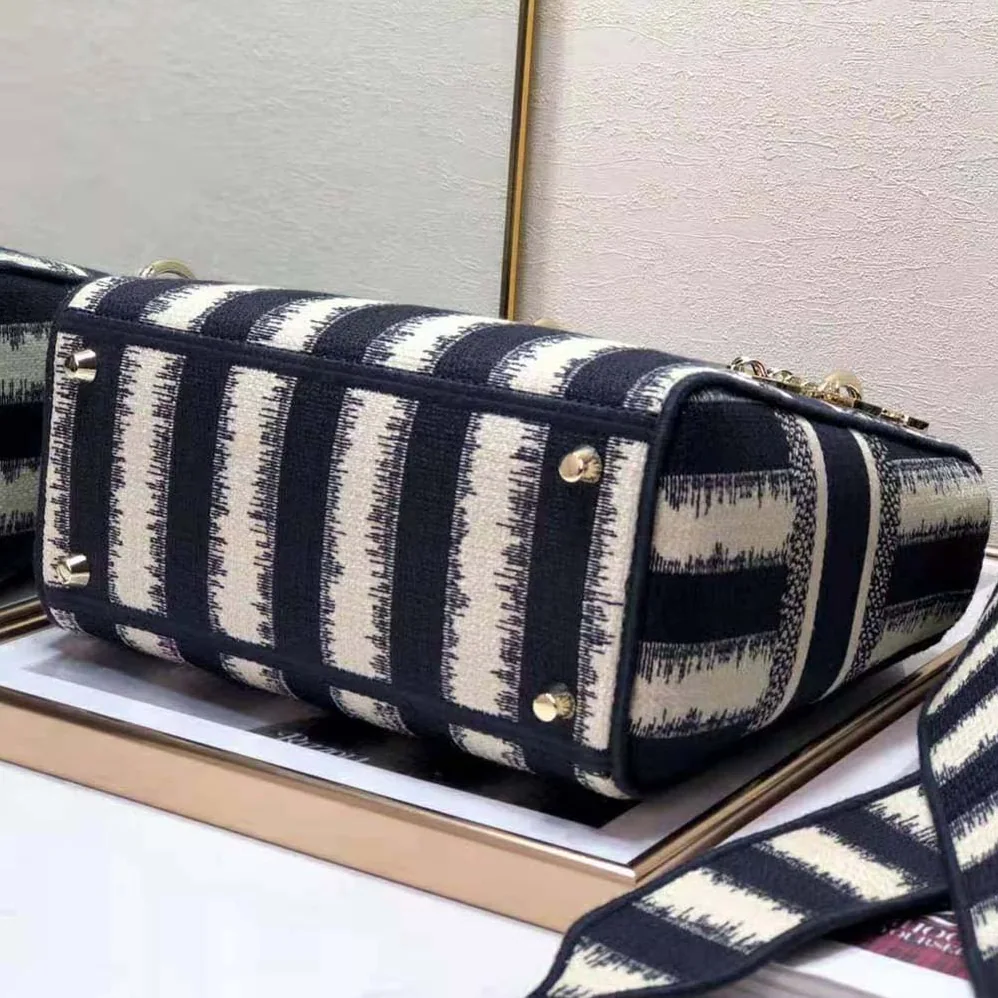 Dior Medium Lady D-lite Bag Blue D for Women in Stripes Embroidery