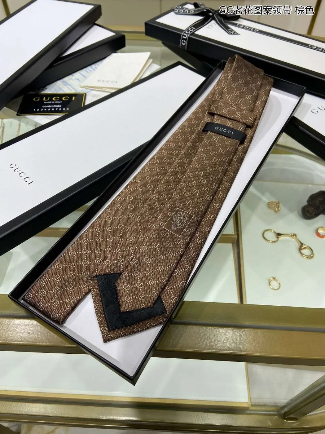 Gucci Pattern Silk Tie Brown Gucci Pattern Silk Tie Brown
