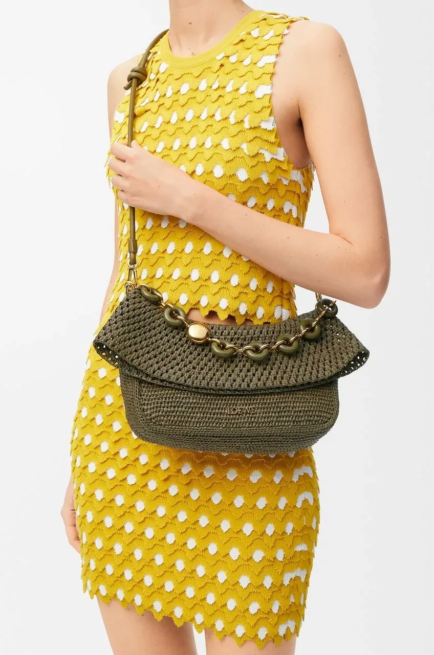 Loewe Medium Ola Bag In Raffia Dark Khaki / AP22P22X02
