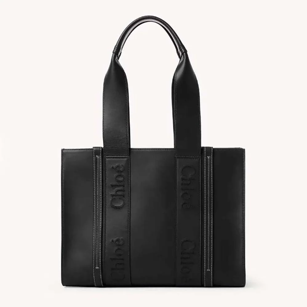 Chloe Medium Woody Tote Bag with Embroidered Chloé Logo for Women in Black Chloe Medium Woody Tote Bag with Embroidered Chloé Logo for Women in Black