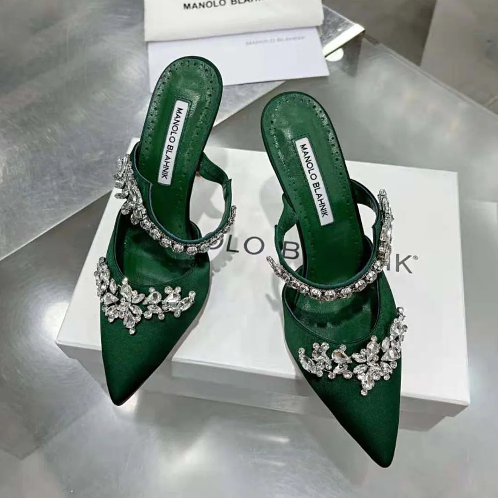 Manolo Blahnik Green Satin Crystal Embellished Mules for Women Manolo Blahnik Green Satin Crystal Embellished Mules for Women