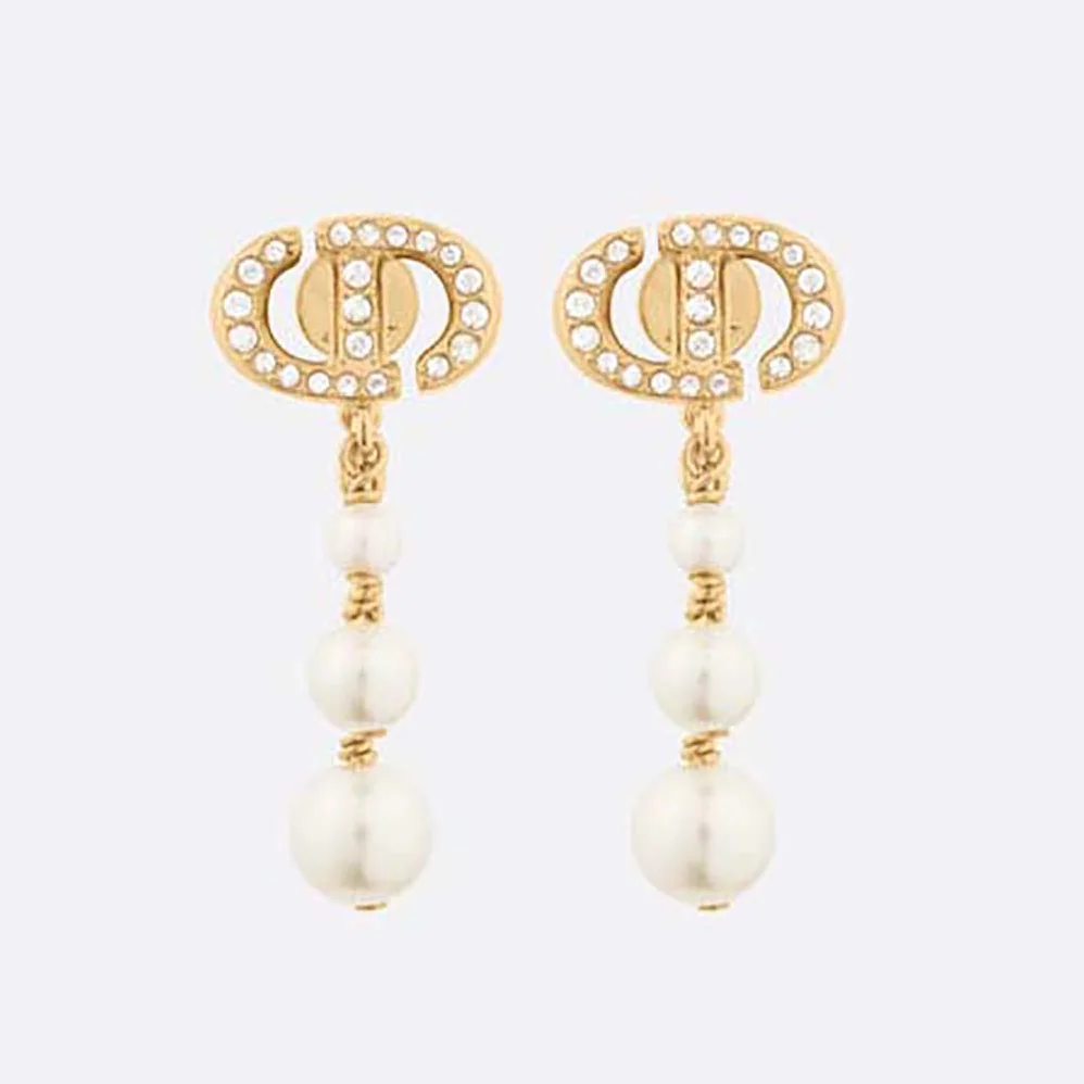 Dior CD Navy Earrings White-Finish Metal with White Resin Pearls and Crystals for Women Dior CD Navy Earrings White-Finish Metal with White Resin Pearls and Crystals for Women