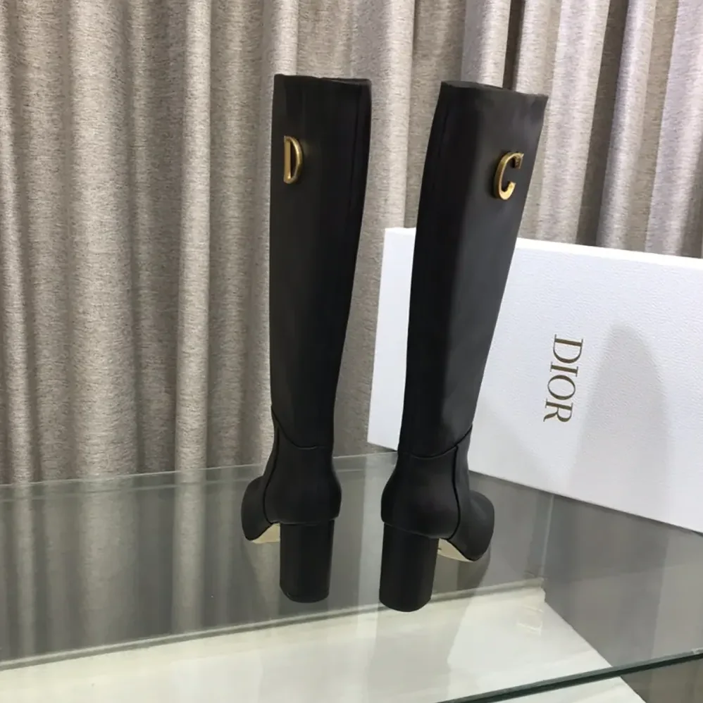 Dior Logo Knee-High Boot in Black Calfskin with Gold for Women in Tone Accents Dior Logo Knee-High Boot in Black Calfskin with Gold for Women in Tone Accents