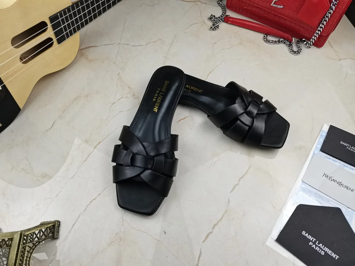 Saint Laurent Tribute Flat Mules Black YSL Saint Laurent Tribute Flat Mules Black YSL