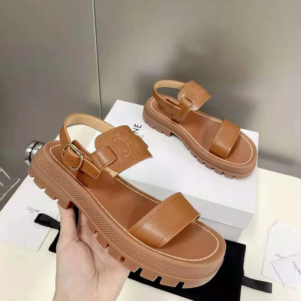 Celine Clea Triomphe Sandal in Vegetal Calfskin for Women in Brown Celine Clea Triomphe Sandal in Vegetal Calfskin for Women in Brown