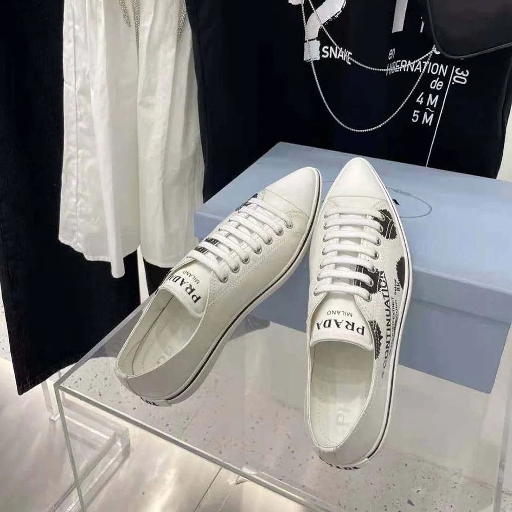 Prada Printed Cotton Gabardine Sneakers for Women in White Prada Printed Cotton Gabardine Sneakers for Women in White