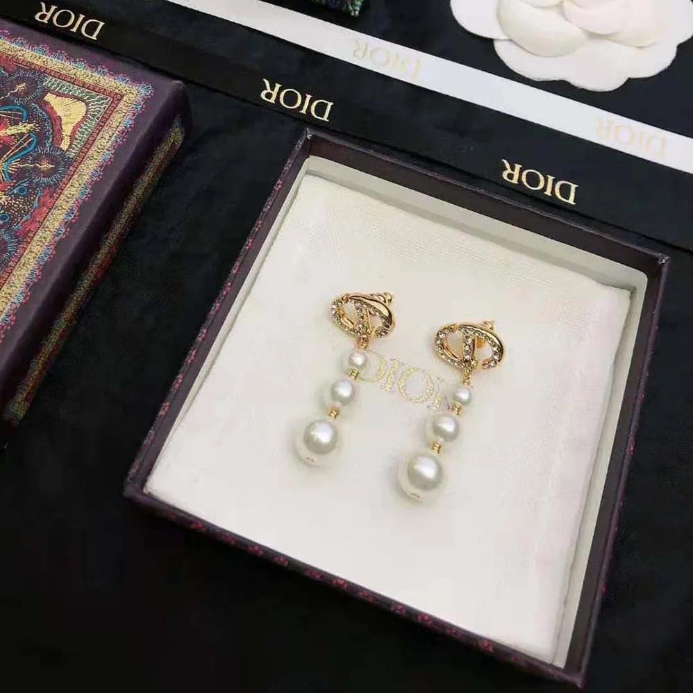 Dior CD Navy Earrings White-Finish Metal with White Resin Pearls and Crystals for Women Dior CD Navy Earrings White-Finish Metal with White Resin Pearls and Crystals for Women
