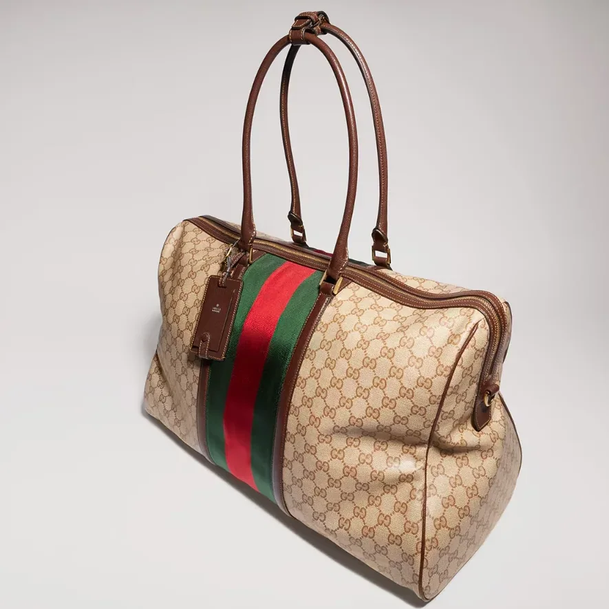 Gucci GG Medium In Web Duffle Bag / Sand/ Dark Brown Gold Hardware Gucci GG Medium In Web Duffle Bag / Sand/ Dark Brown Gold Hardware