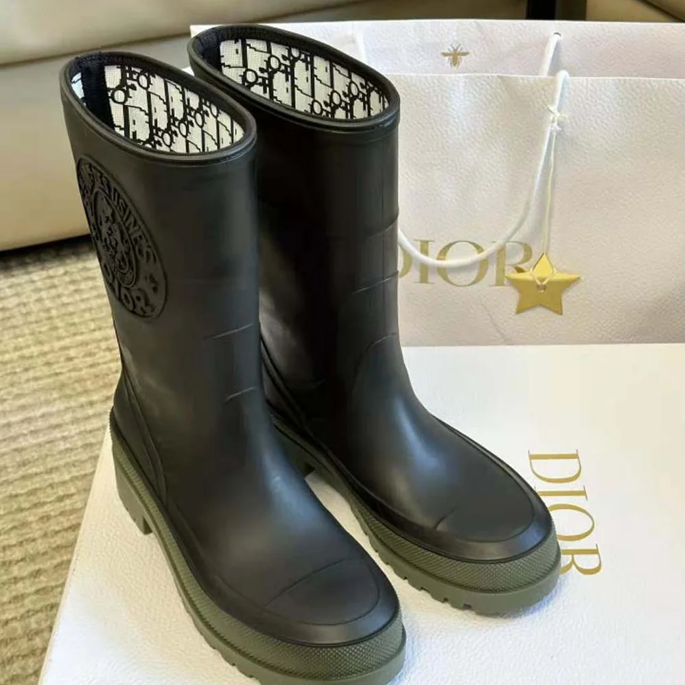 Dior Diorunion Rain Boot Black and Khaki Two-Tone Rubber with Dior Union Motif for Women