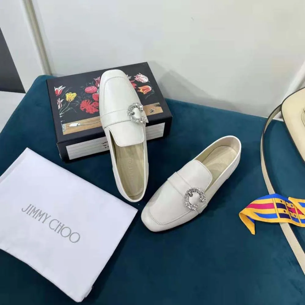 Jimmy Choo Mani Flat Latte Nappa Leather Loafers with Crystal Buckle for Women Jimmy Choo Mani Flat Latte Nappa Leather Loafers with Crystal Buckle for Women