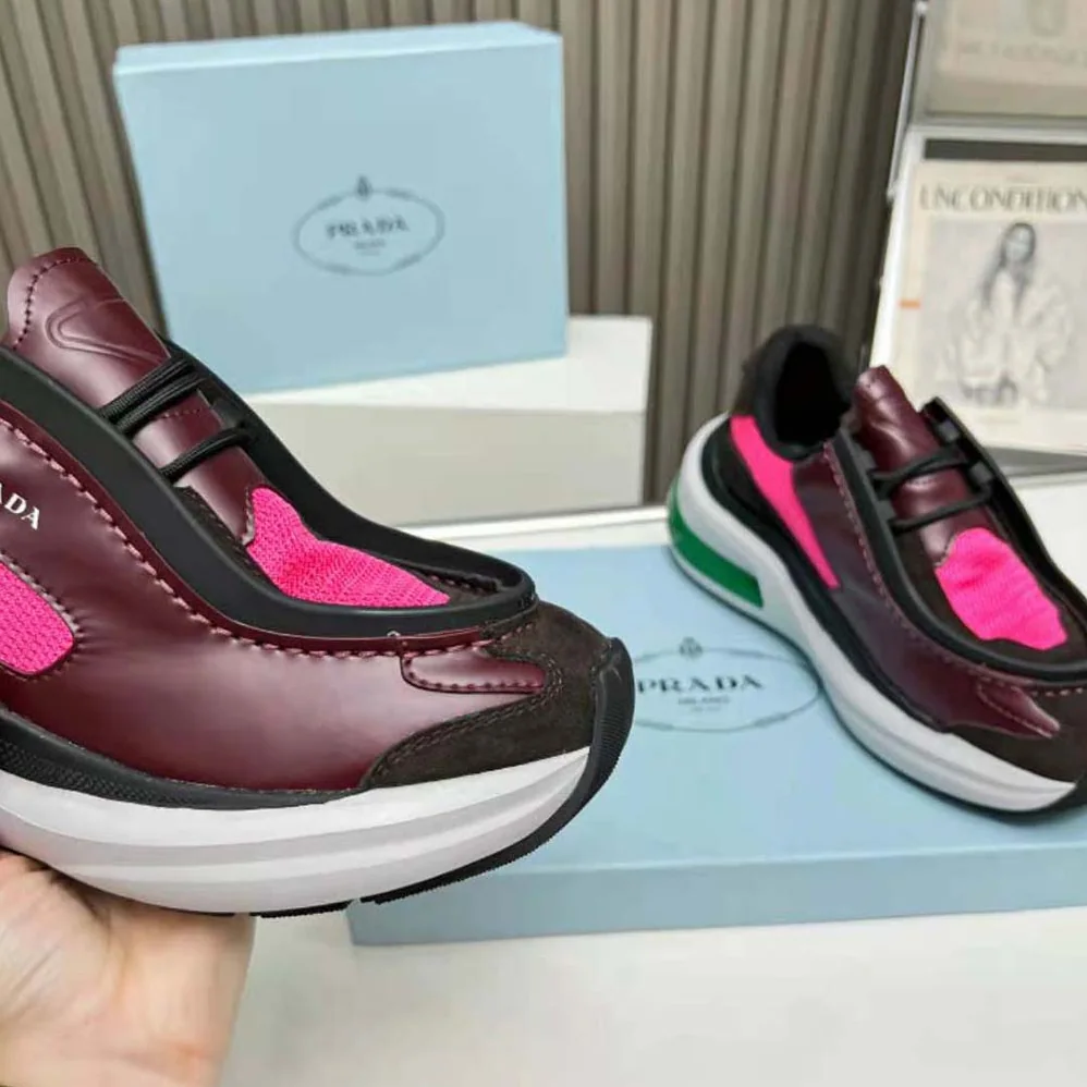 Prada Systeme Brushed Leather Sneakers with Bike Fabric and Suede Elements for Men in Pink