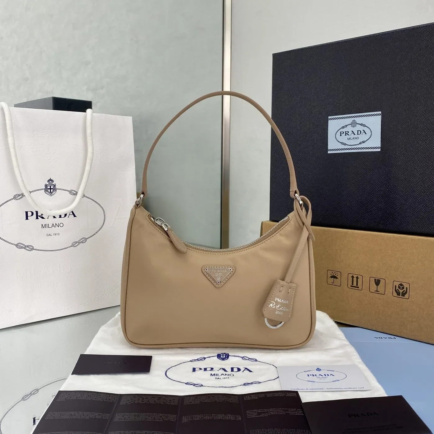 Prada Re- 2005 Saffiano Leather Bag Beige