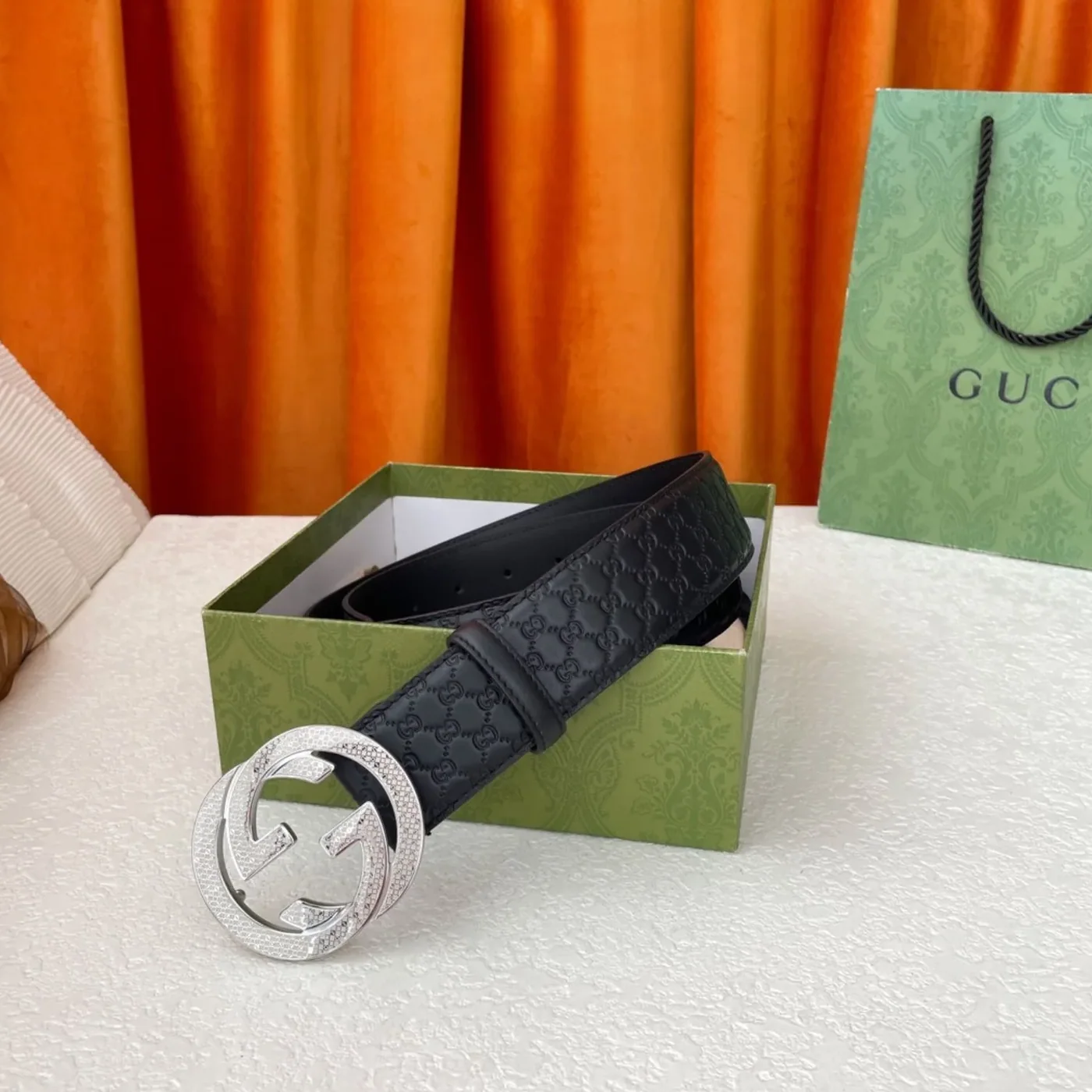 Gucci Monogram Belt Black With Silver Crystal Buckle Gucci Monogram Belt Black With Silver Crystal Buckle