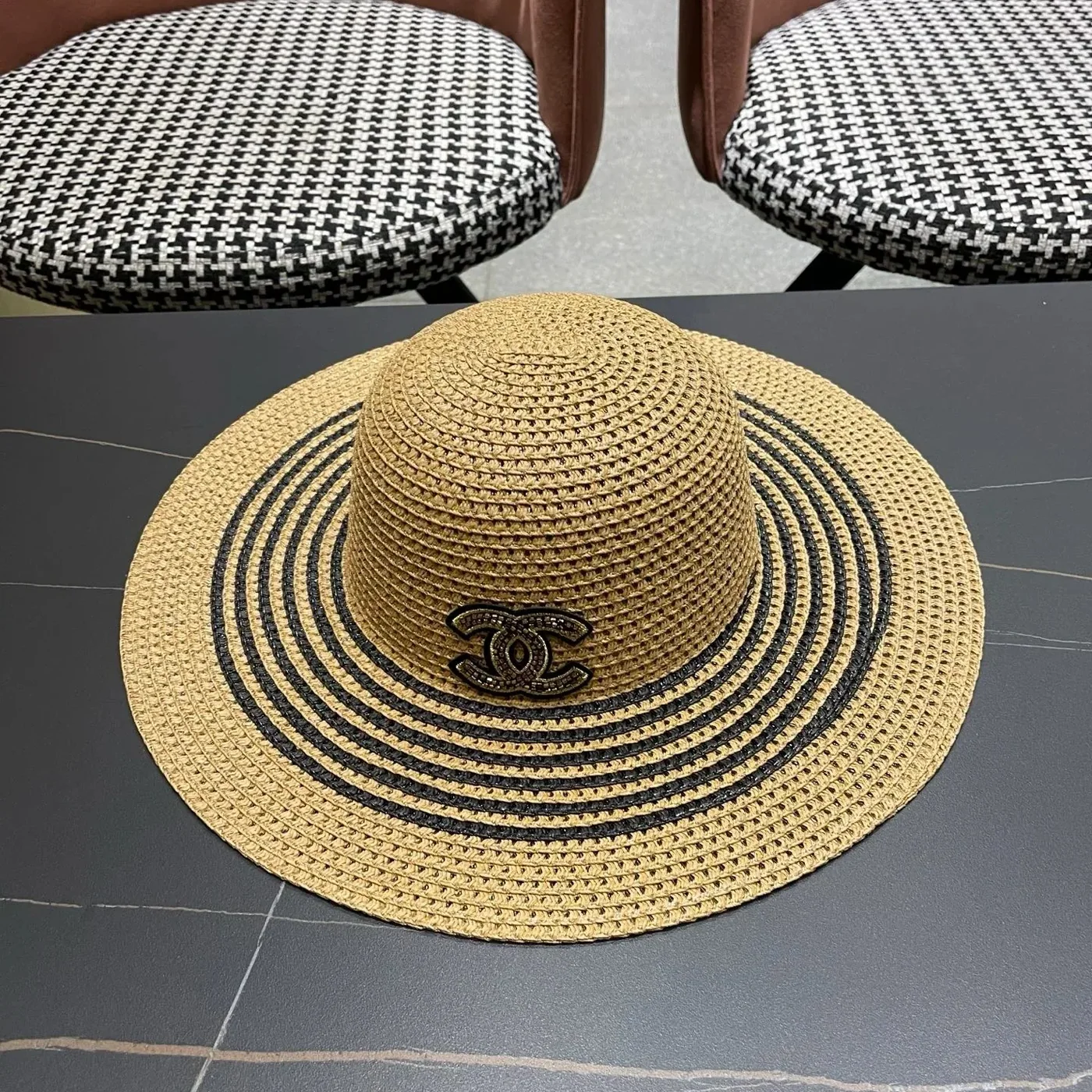 Chanel Monochrome Striped Sun Hat Dark Beige Straw Chanel Monochrome Striped Sun Hat Dark Beige Straw