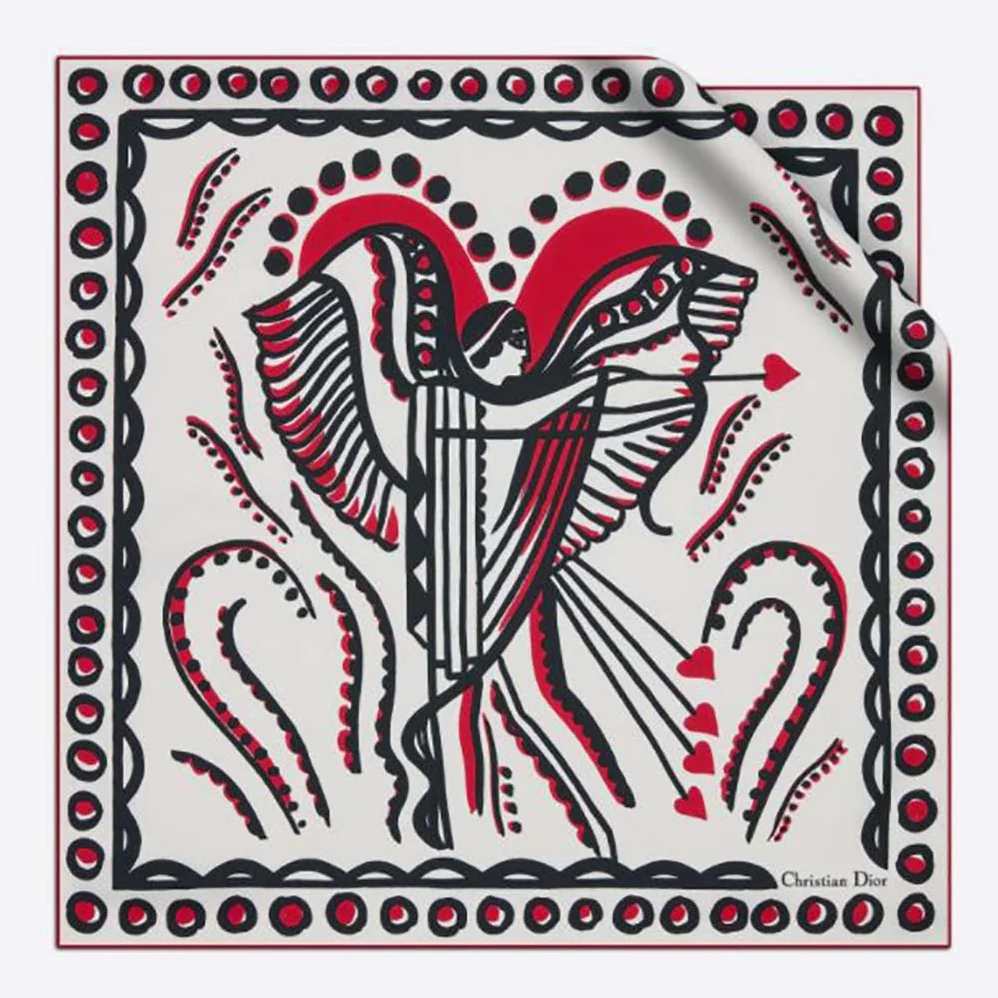 Dior Cupidon Square Scarf White Black and Red Silk Twill for Women