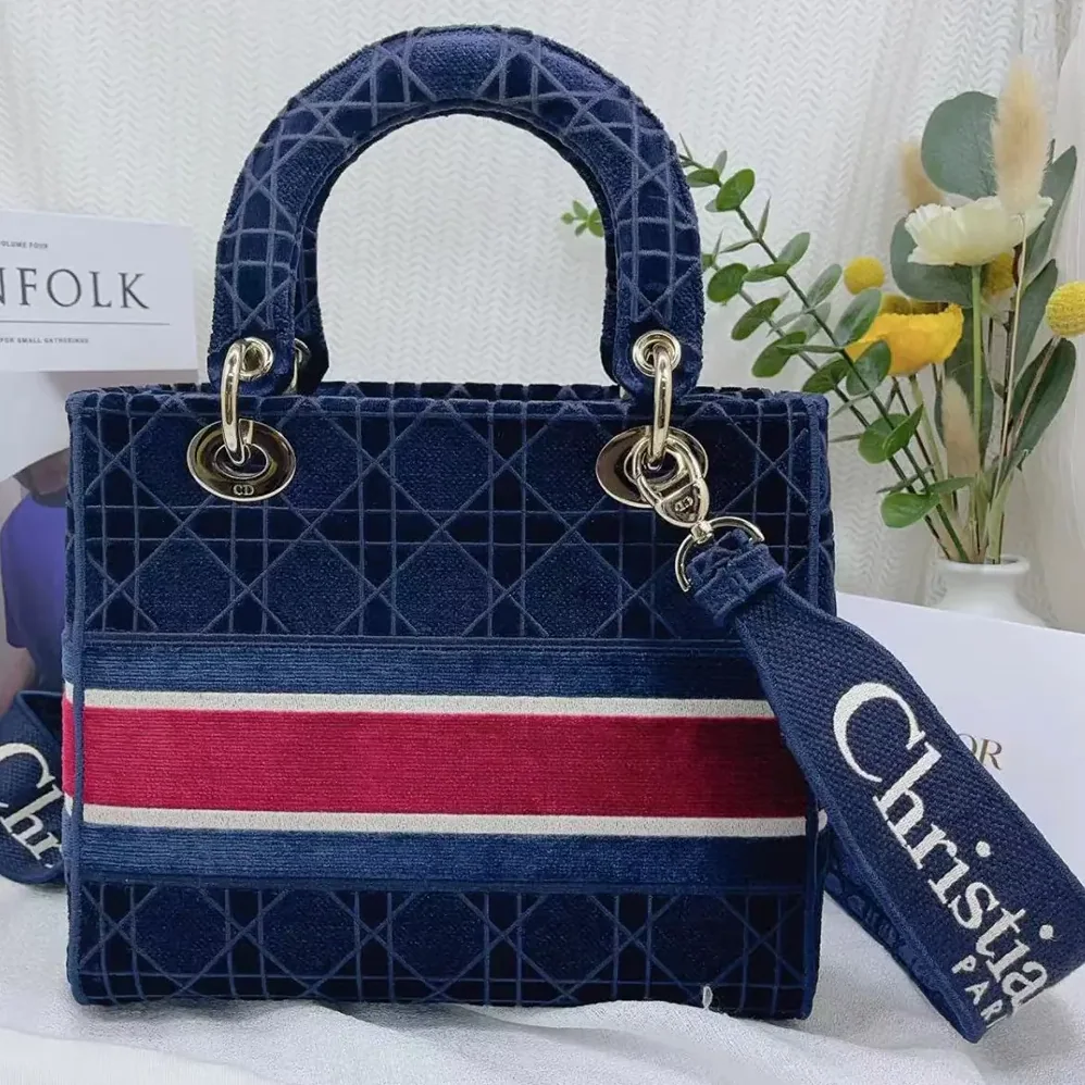 Dior Medium Lady D-lite Bag Blue Velvet Cannage Embroidery for Women Dior Medium Lady D-lite Bag Blue Velvet Cannage Embroidery for Women
