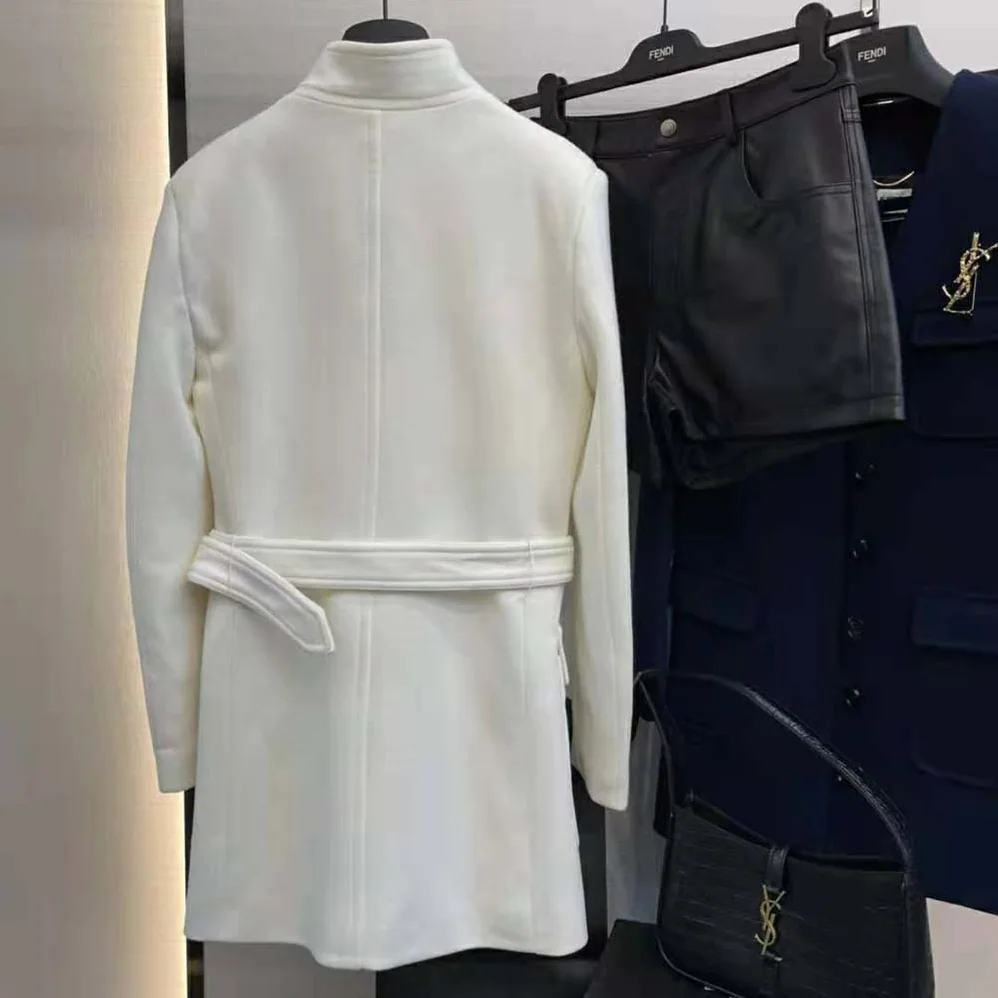 Saint Laurent YSL Long Belted Jacket in Wool Jersey for Women in White