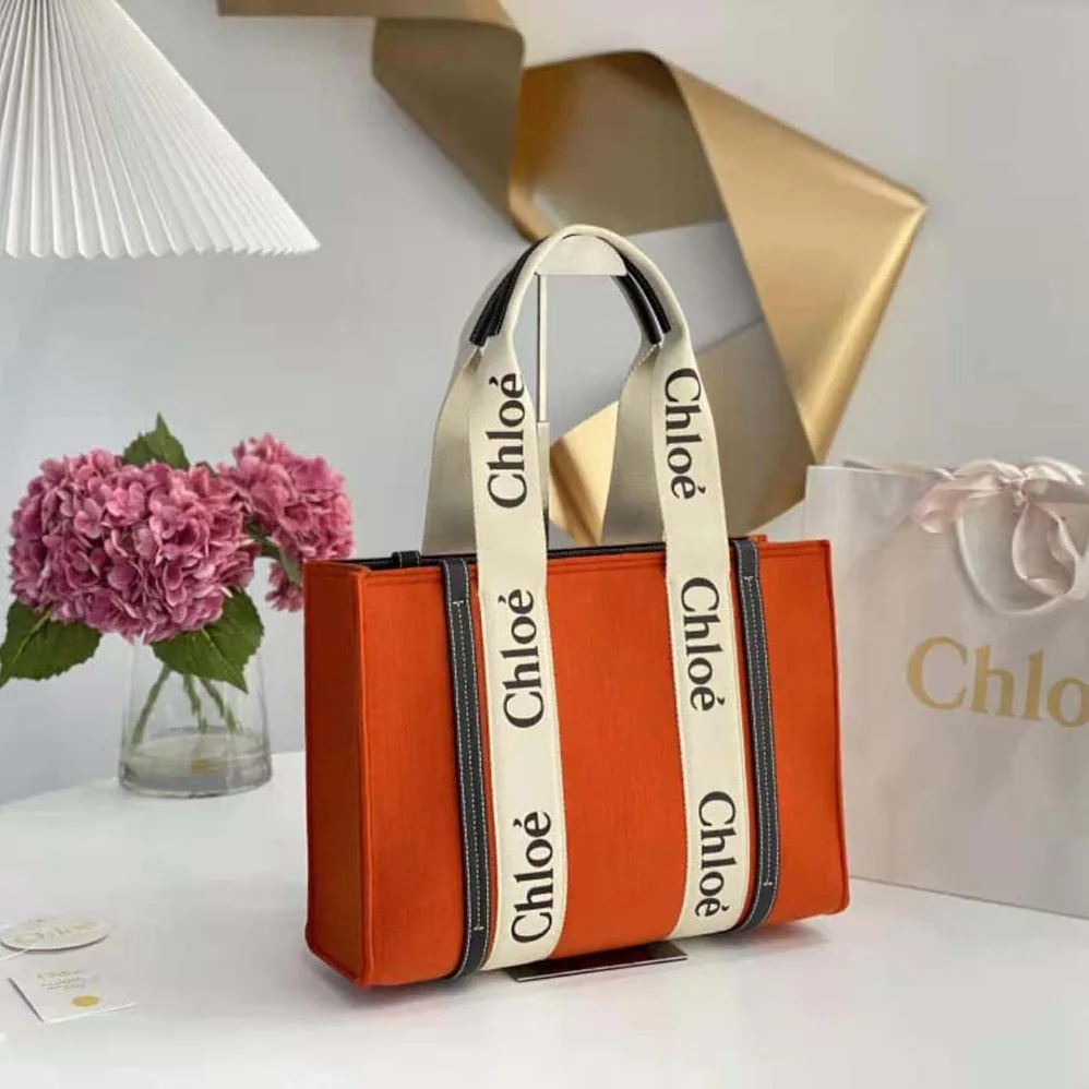 Chloe Medium Woody Tote Bag in Recycled Felt and Shiny Calfskin for Women