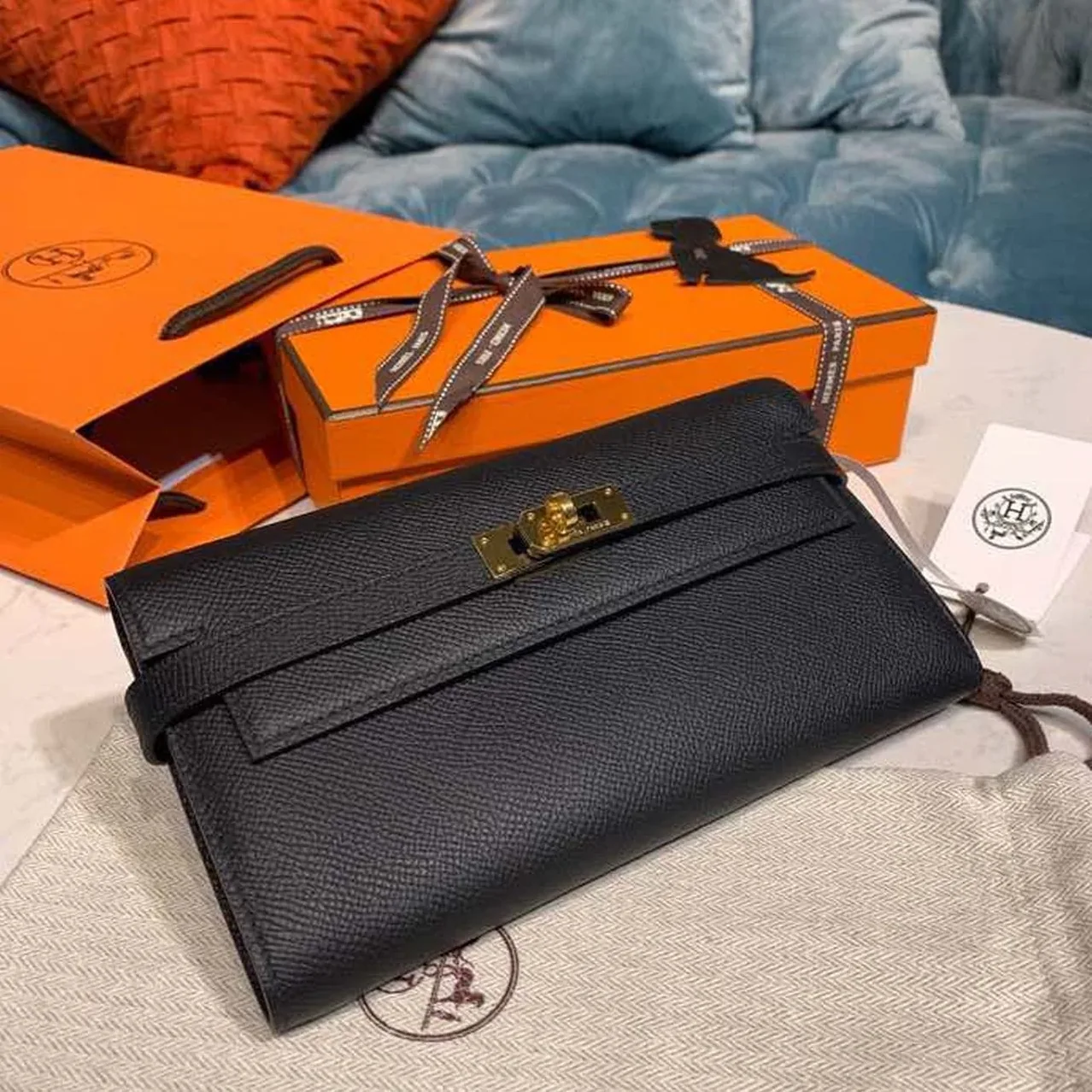 Hermes Kelly Wallet To Go Woc Black With Gold Toned Hardware Bag /