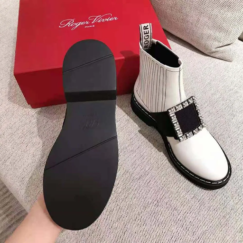 Roger Vivier Viv' Rangers Stitch Strass Buckle Booties in Leather for Women in White Roger Vivier Viv' Rangers Stitch Strass Buckle Booties in Leather for Women in White