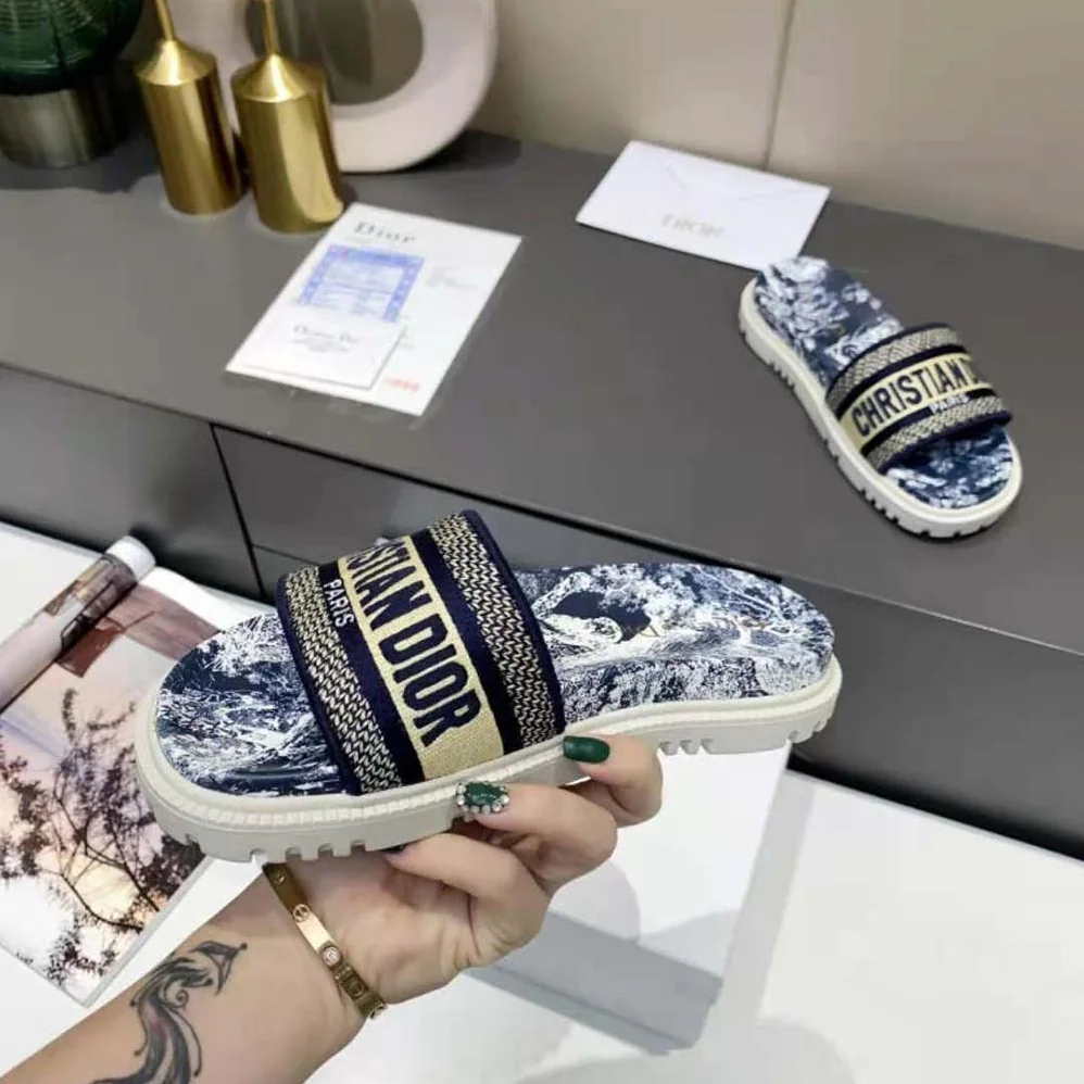 Dior Dway Slide Deep Blue Toile de Jouy Reverse Embroidered Cotton for Women