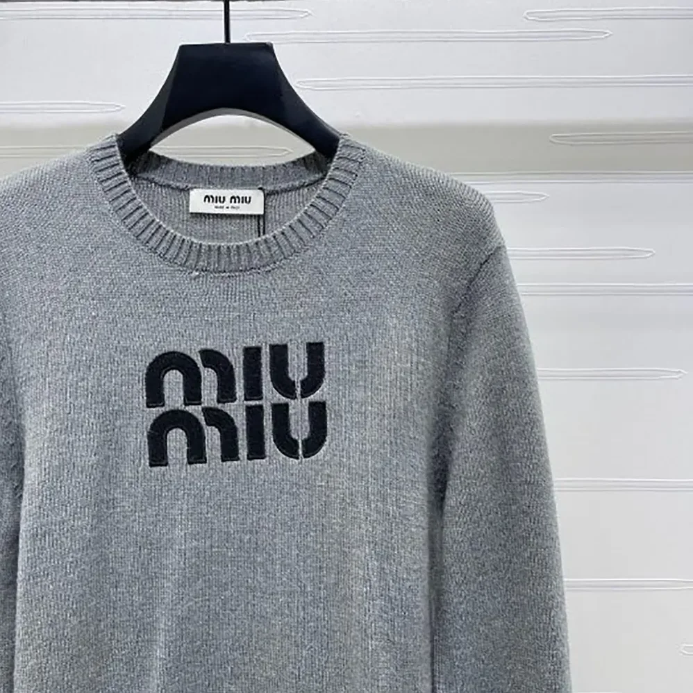 Miu Miu Double Cashmere Sweater with Logo for Women in Grey Miu Miu Double Cashmere Sweater with Logo for Women in Grey