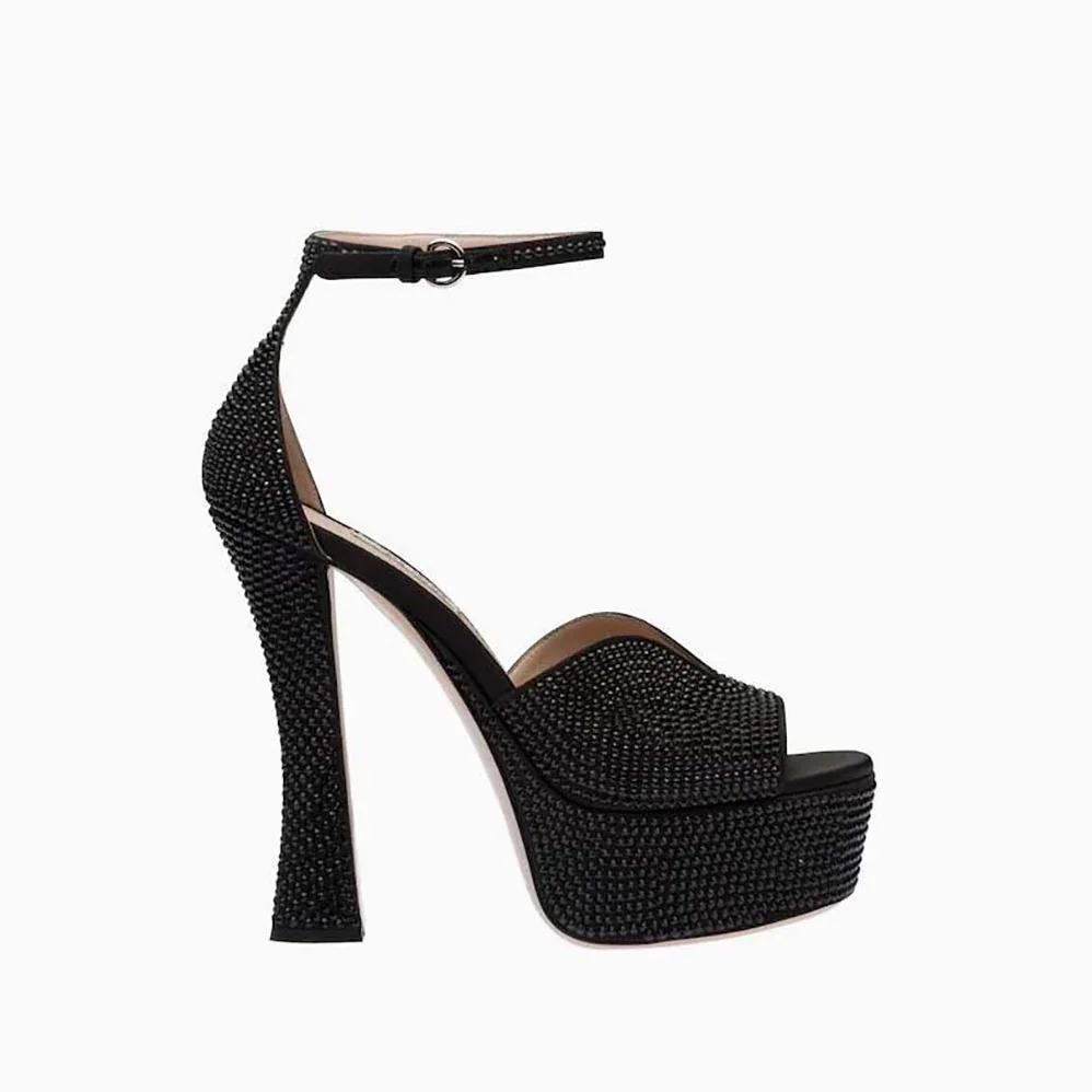Miu Miu Satin Platform Sandals with Crystals for Women in Black