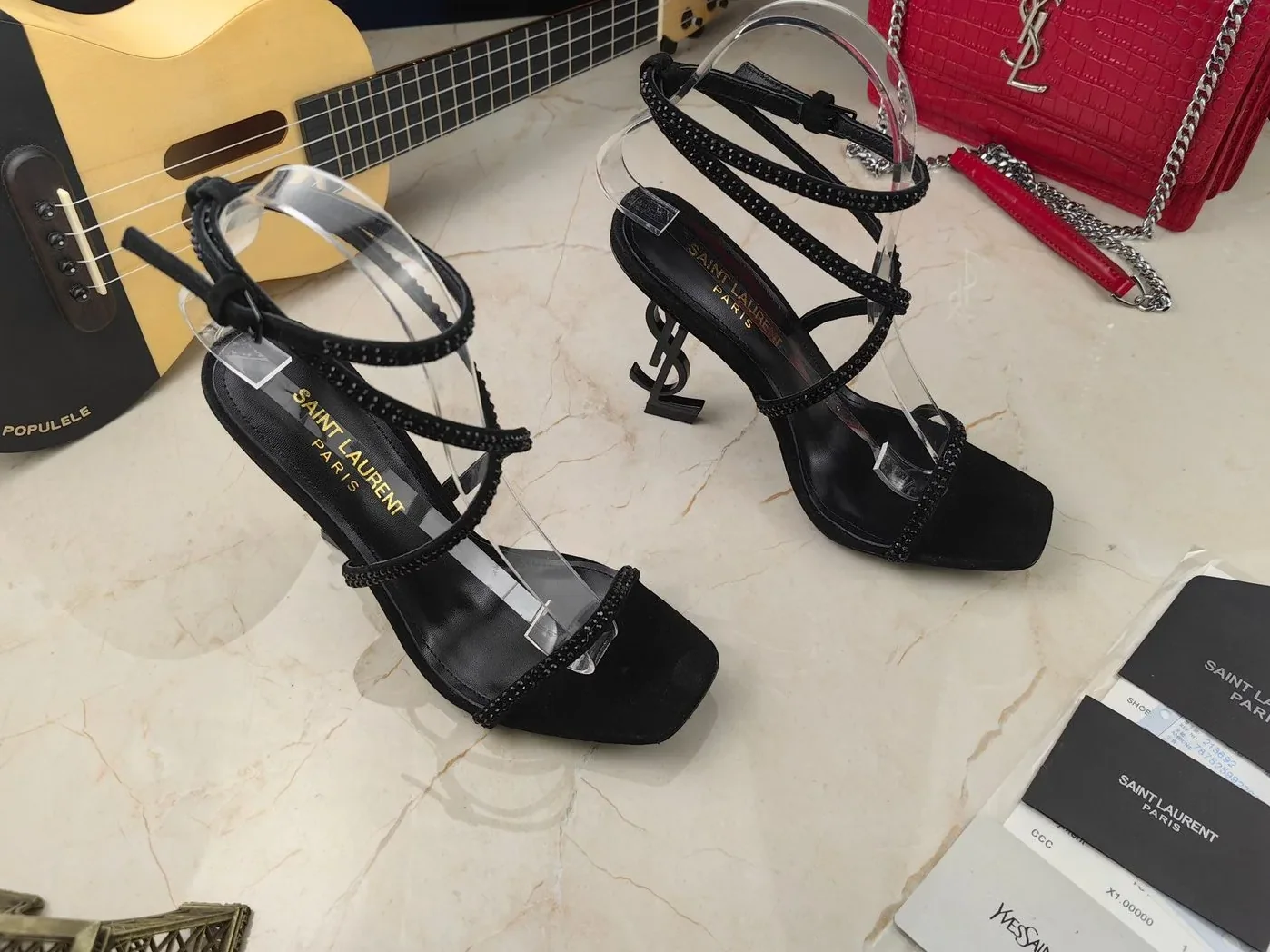 Saint Laurent Opyum Sandals In Crepe Satin And Rhinestones Black Saint Laurent Opyum Sandals In Crepe Satin And Rhinestones Black