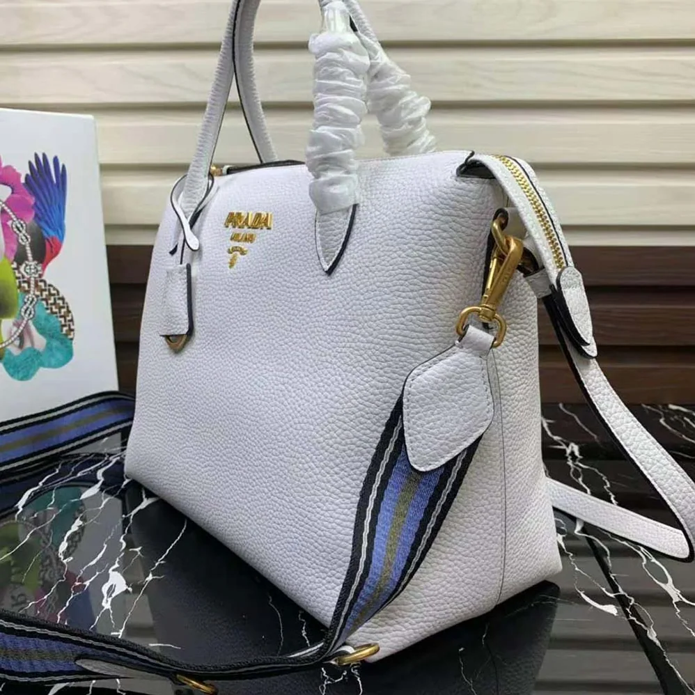 Prada Leather Handbag with Metal lettering Logo on the Front for Women in White